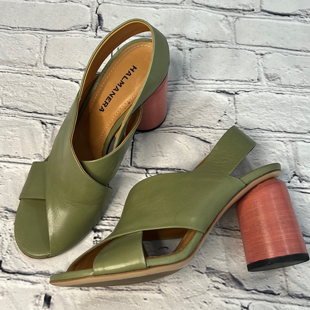 Halmanera hand made in Italy green leather heels with a round pink wooden heel